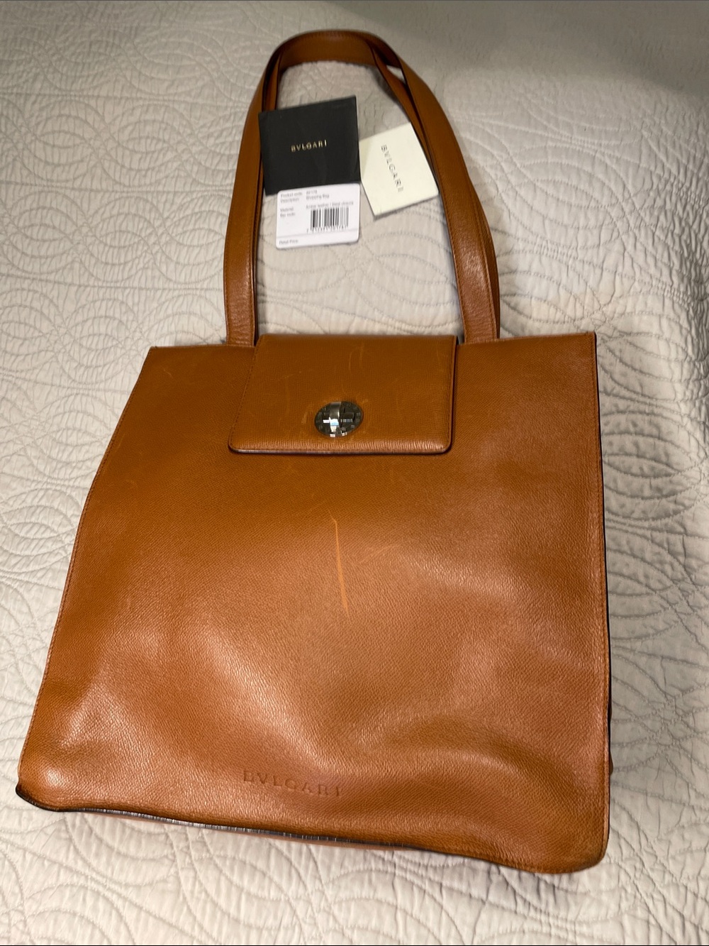 Bulgari Cognac Leather Tote with Turn-Lock Flap